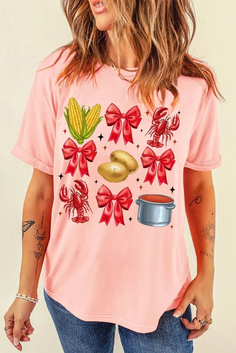Pink Summer Food Bow Crawfish Printed T Shirt for Women - Love Salve
